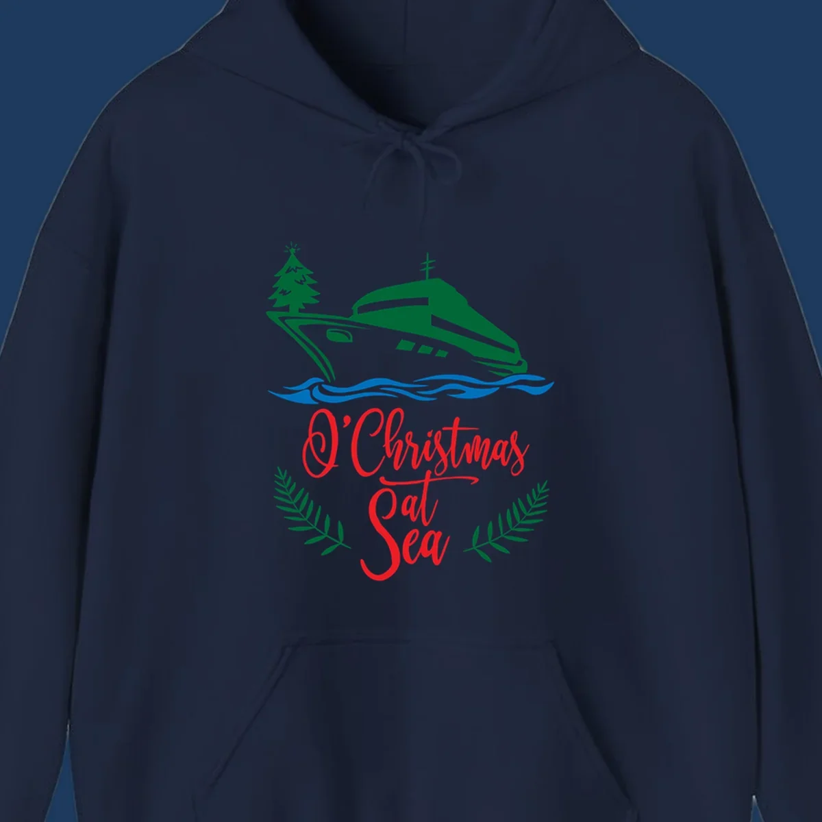 Green cruise ship with Christmas tree sailing through blue waves, red 'O Christmas At Sea' text with palm fronds