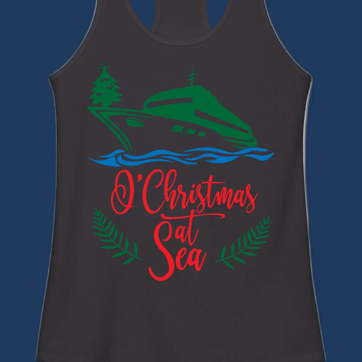 Green cruise ship with Christmas tree sailing through blue waves, red 'O Christmas At Sea' text with palm fronds