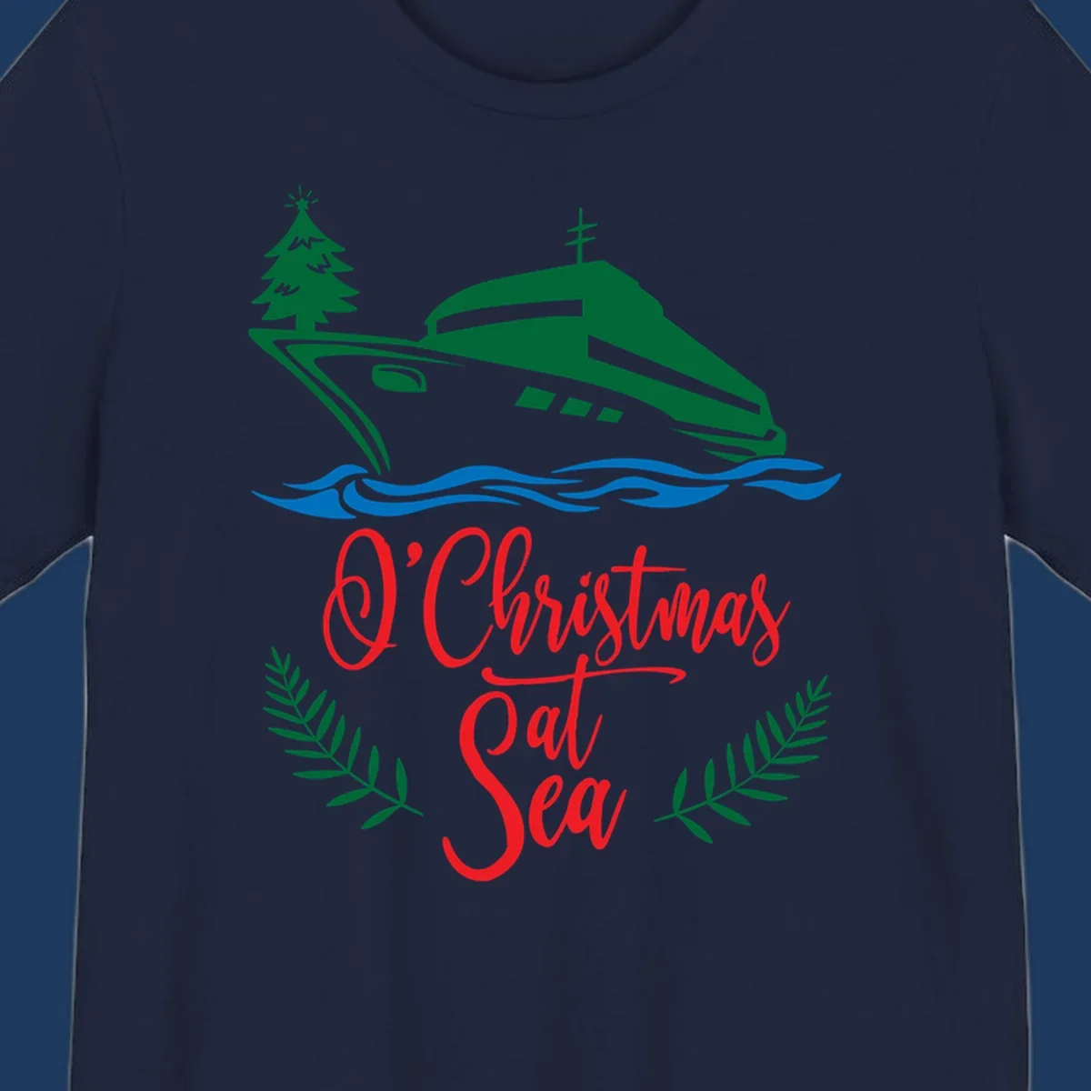 Green cruise ship with Christmas tree sailing through blue waves, red 'O Christmas At Sea' text with palm fronds