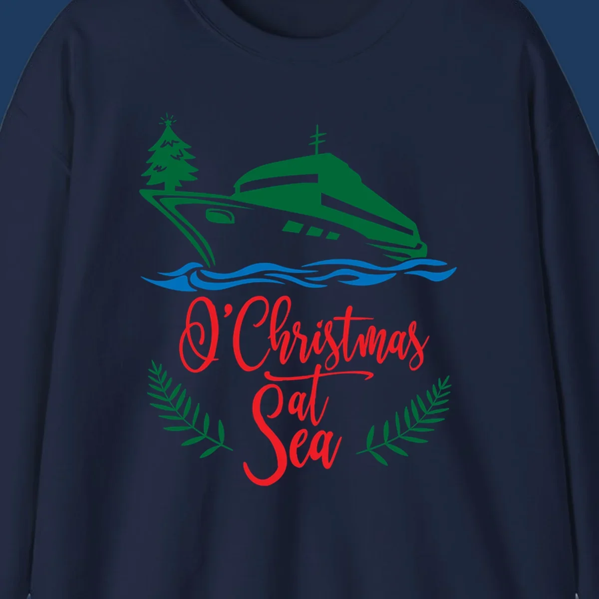 Green cruise ship with Christmas tree sailing through blue waves, red 'O Christmas At Sea' text with palm fronds