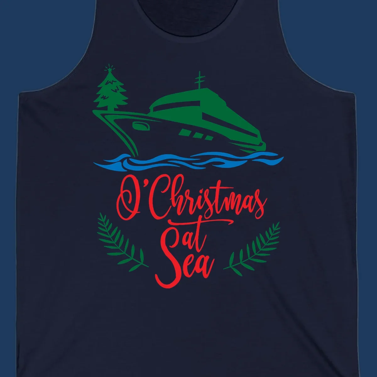 Green cruise ship with Christmas tree sailing through blue waves, red 'O Christmas At Sea' text with palm fronds