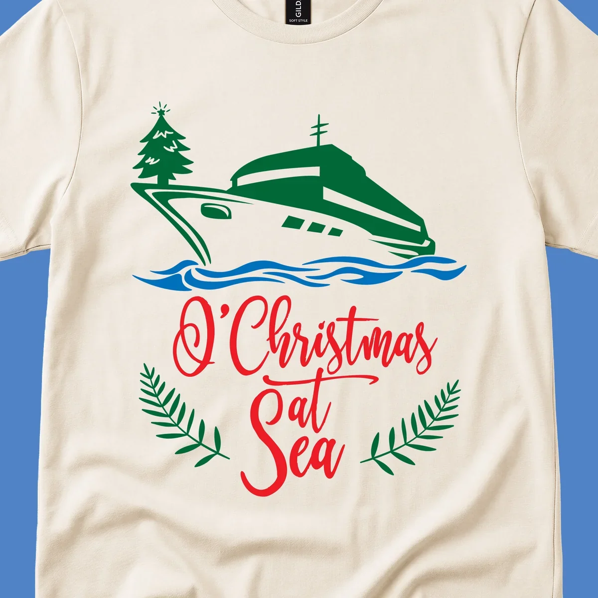 Green cruise ship with Christmas tree sailing through blue waves, red 'O Christmas At Sea' text with palm fronds