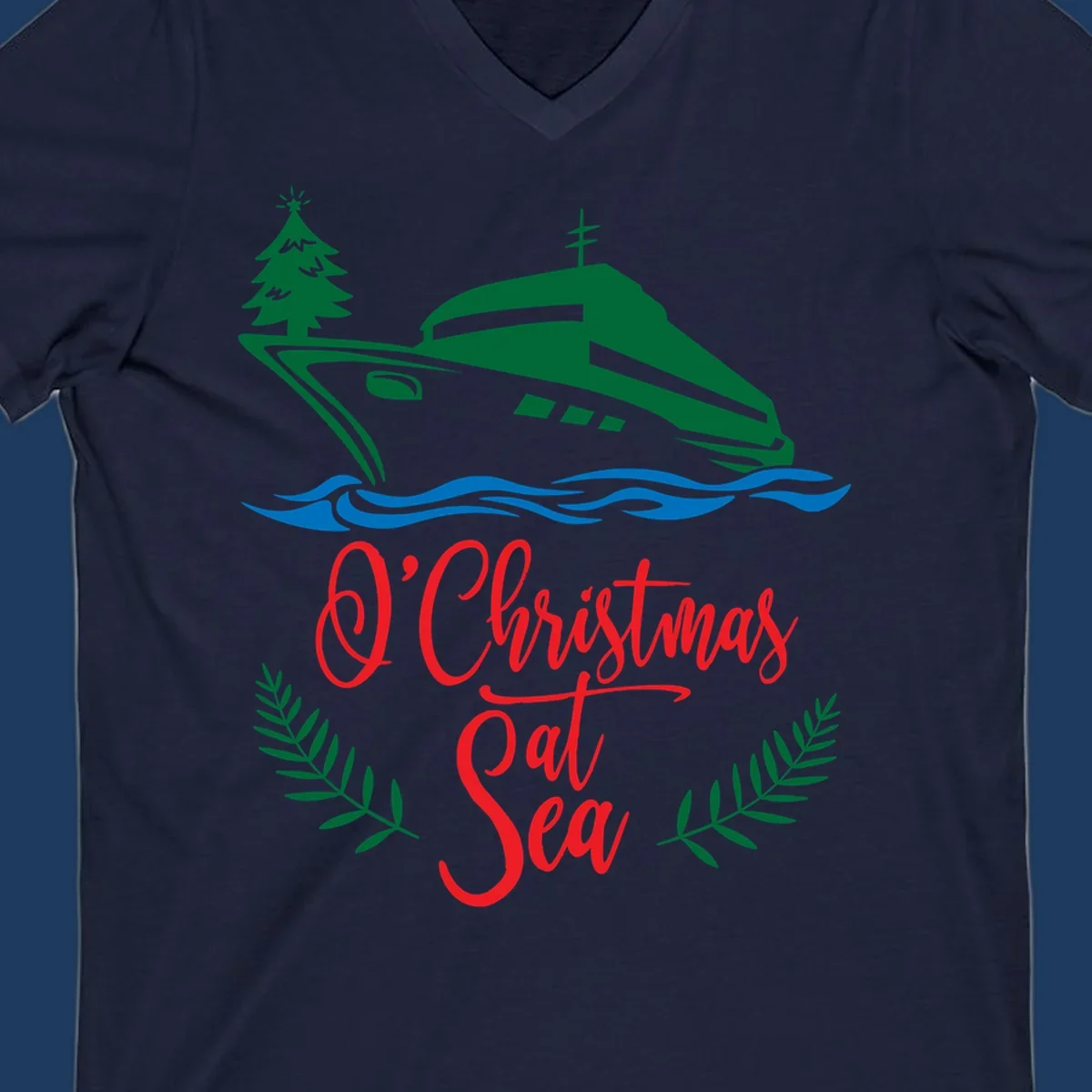 Green cruise ship with Christmas tree sailing through blue waves, red 'O Christmas At Sea' text with palm fronds
