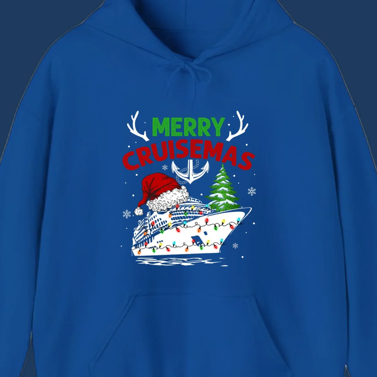 Merry Cruisemas design featuring a decorated cruise ship with Santa hat, Christmas lights, evergreen tree, and nautical elements on gray background
