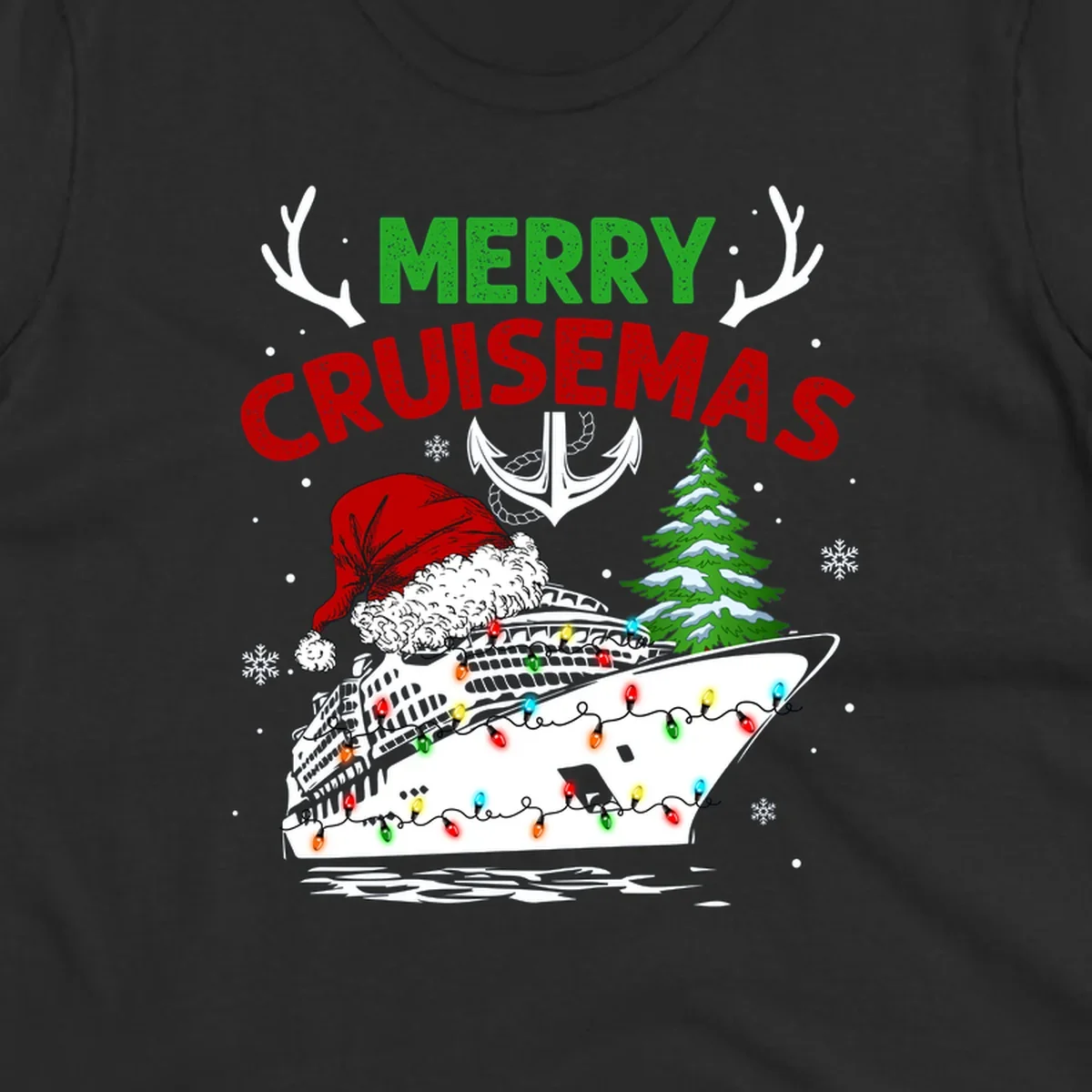 Merry Cruisemas design featuring a decorated cruise ship with Santa hat, Christmas lights, evergreen tree, and nautical elements on gray background