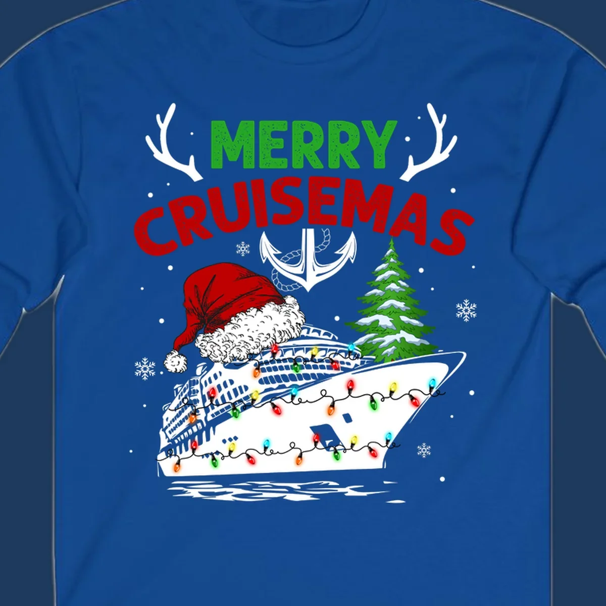 Merry Cruisemas design featuring a decorated cruise ship with Santa hat, Christmas lights, evergreen tree, and nautical elements on gray background