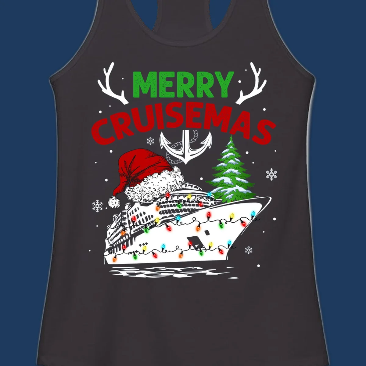 Merry Cruisemas design featuring a decorated cruise ship with Santa hat, Christmas lights, evergreen tree, and nautical elements on gray background