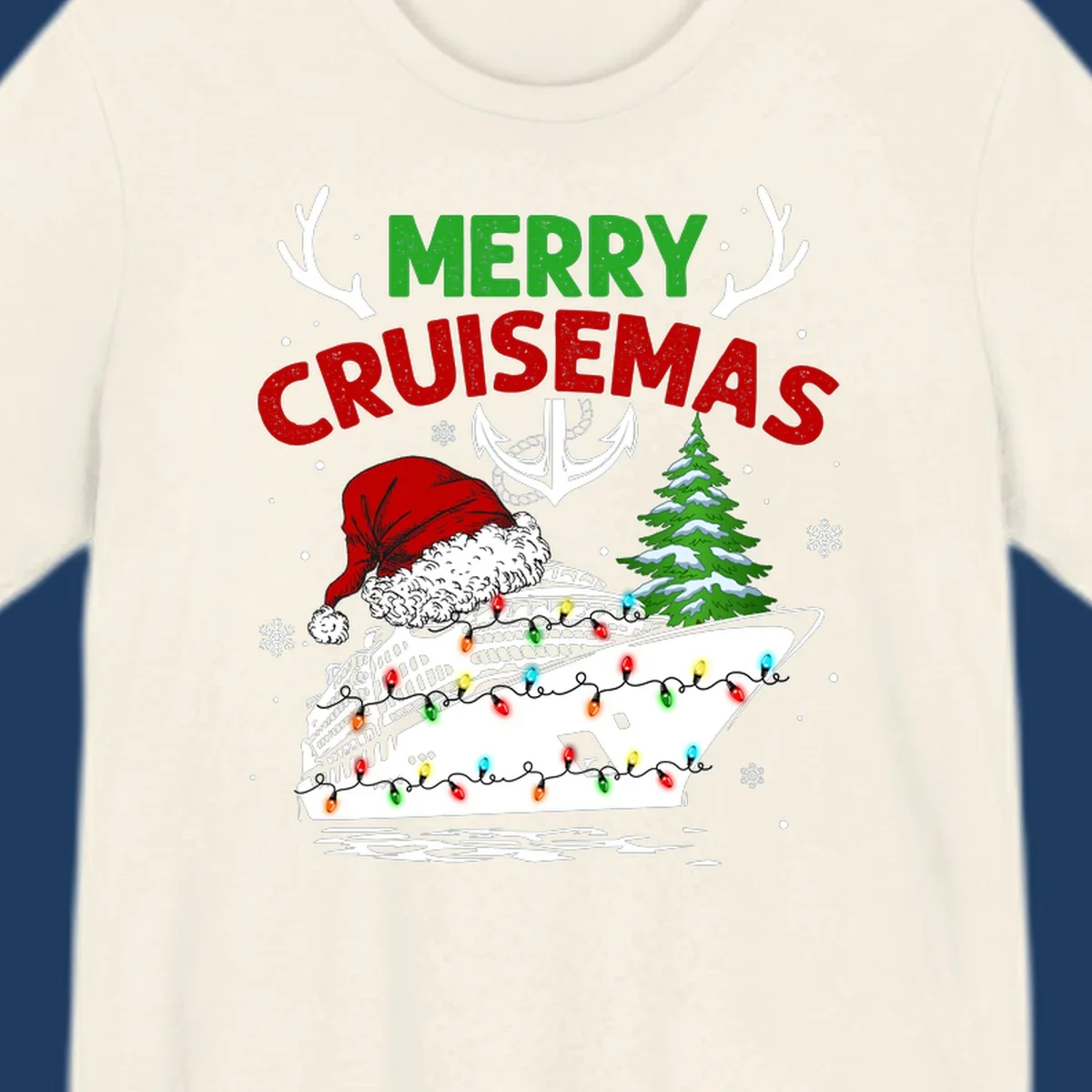 Merry Cruisemas design featuring a decorated cruise ship with Santa hat, Christmas lights, evergreen tree, and nautical elements on gray background