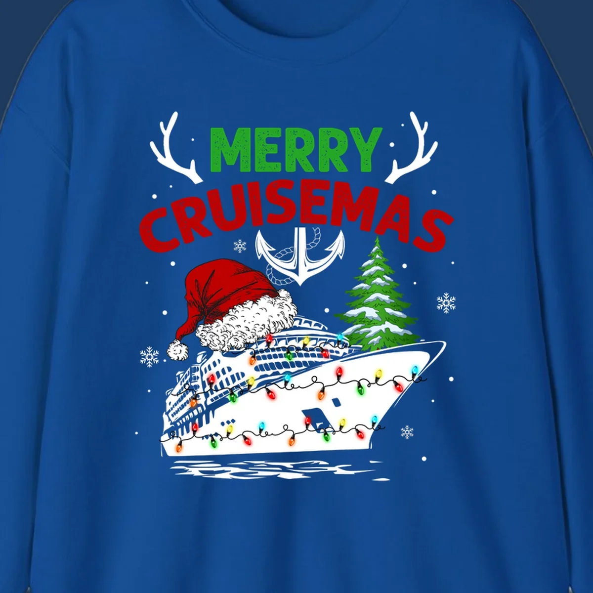 Merry Cruisemas design featuring a decorated cruise ship with Santa hat, Christmas lights, evergreen tree, and nautical elements on gray background