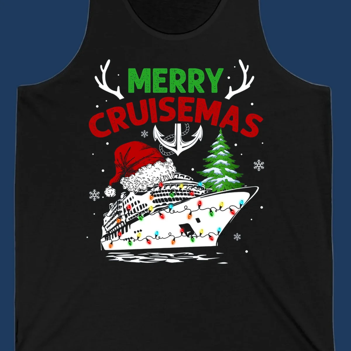 Merry Cruisemas design featuring a decorated cruise ship with Santa hat, Christmas lights, evergreen tree, and nautical elements on gray background