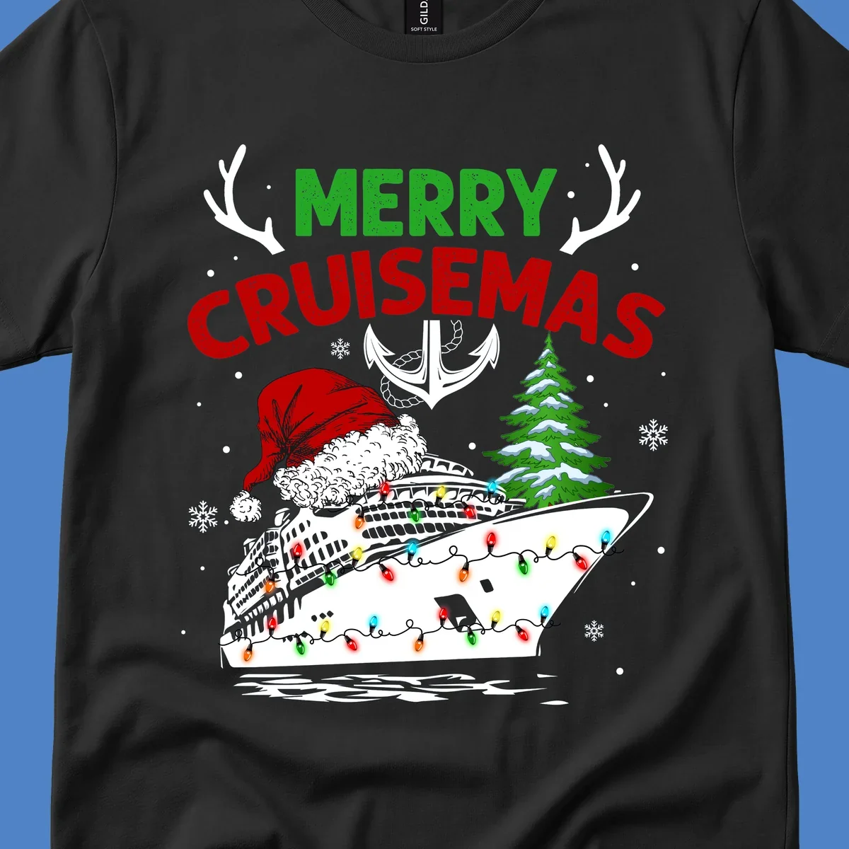 Merry Cruisemas design featuring a decorated cruise ship with Santa hat, Christmas lights, evergreen tree, and nautical elements on gray background