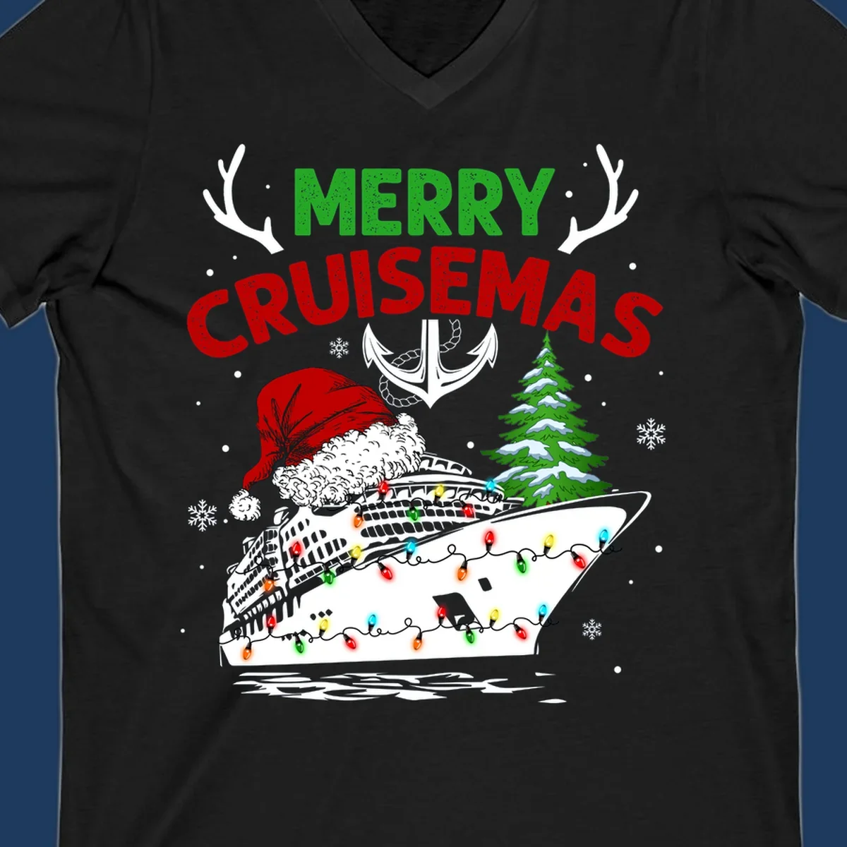 Merry Cruisemas design featuring a decorated cruise ship with Santa hat, Christmas lights, evergreen tree, and nautical elements on gray background