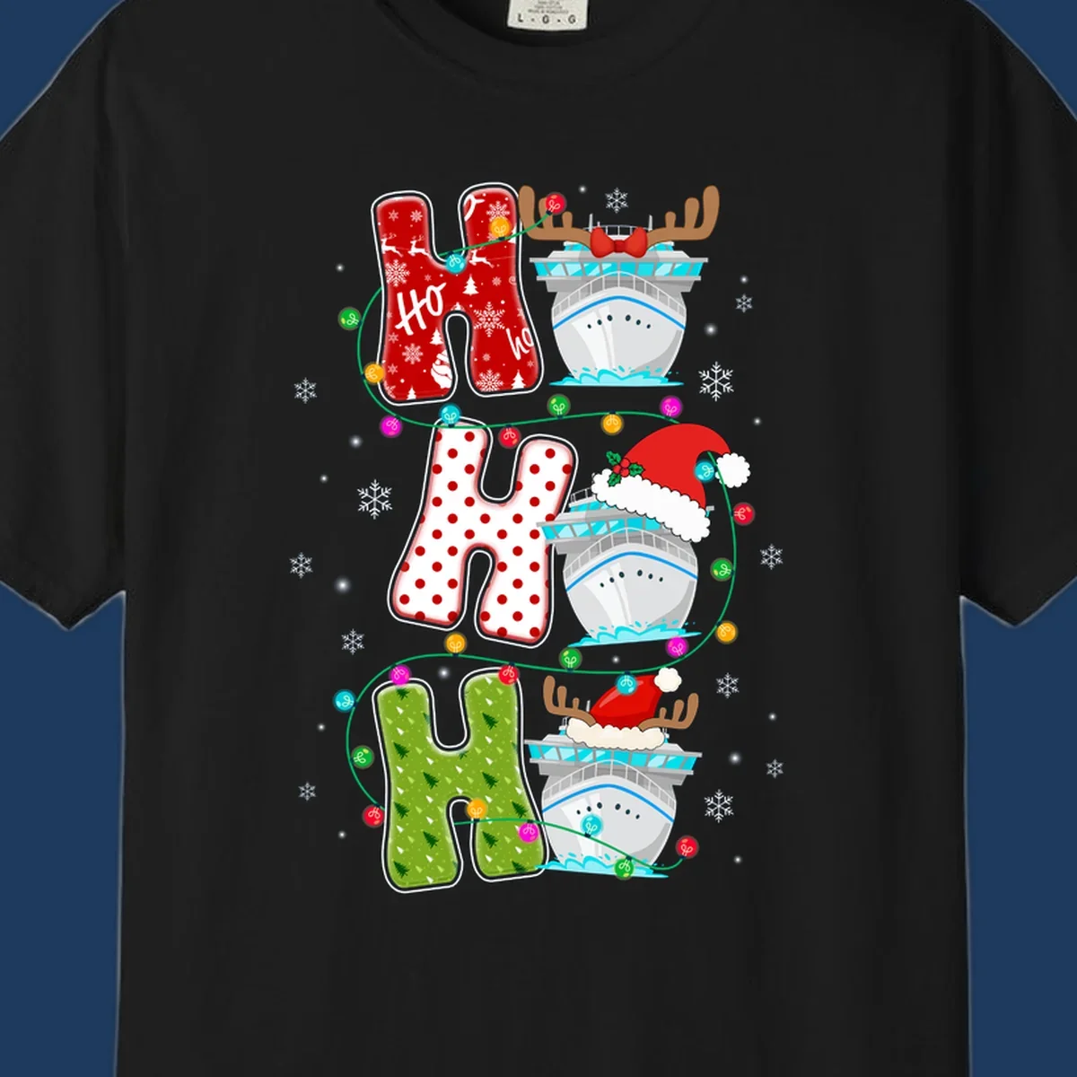 Ho ho ho cruise Christmas design featuring stocking-shaped letters, decorated cruise ships, reindeer, Santa hats, and holiday lights on gray background