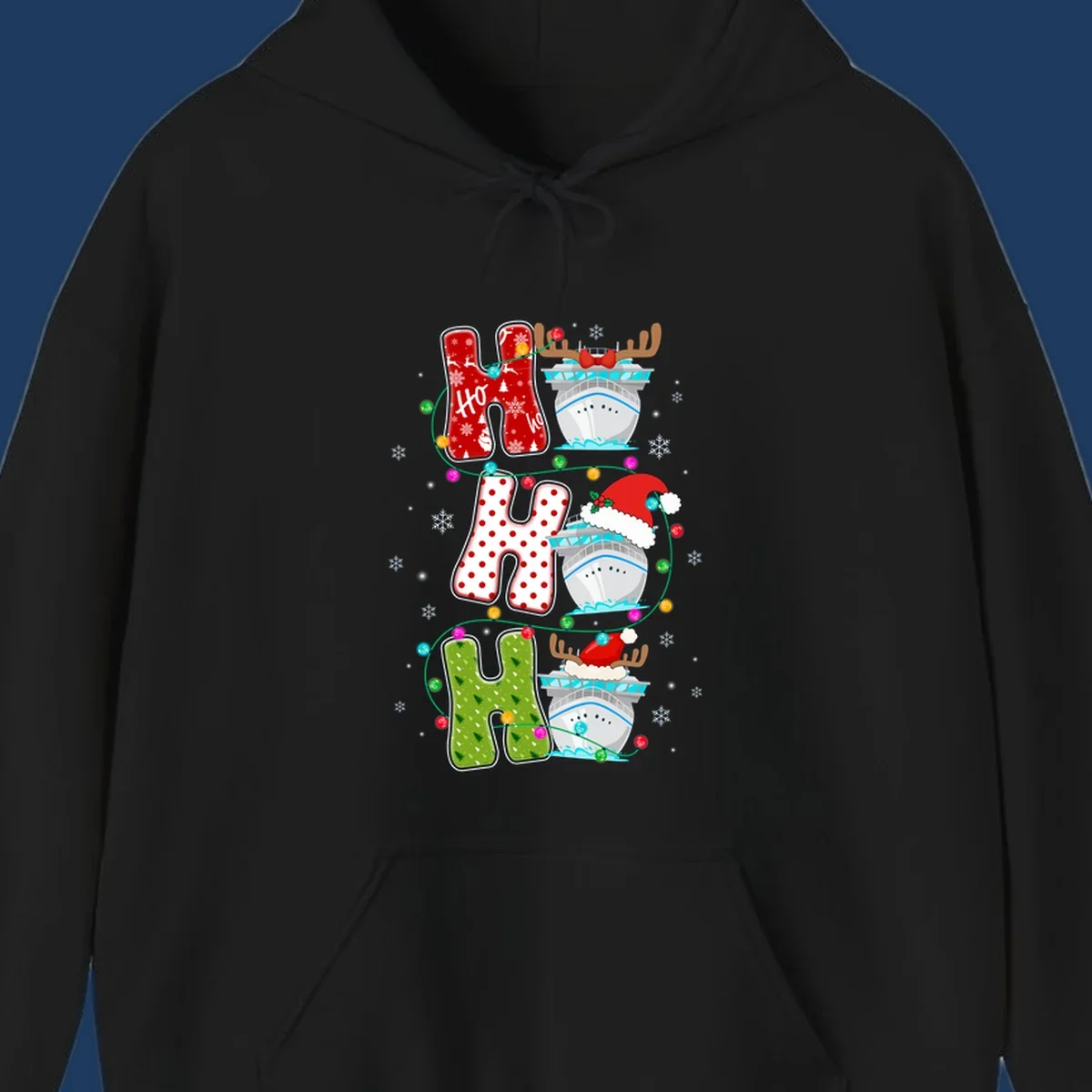 Ho ho ho cruise Christmas design featuring stocking-shaped letters, decorated cruise ships, reindeer, Santa hats, and holiday lights on gray background
