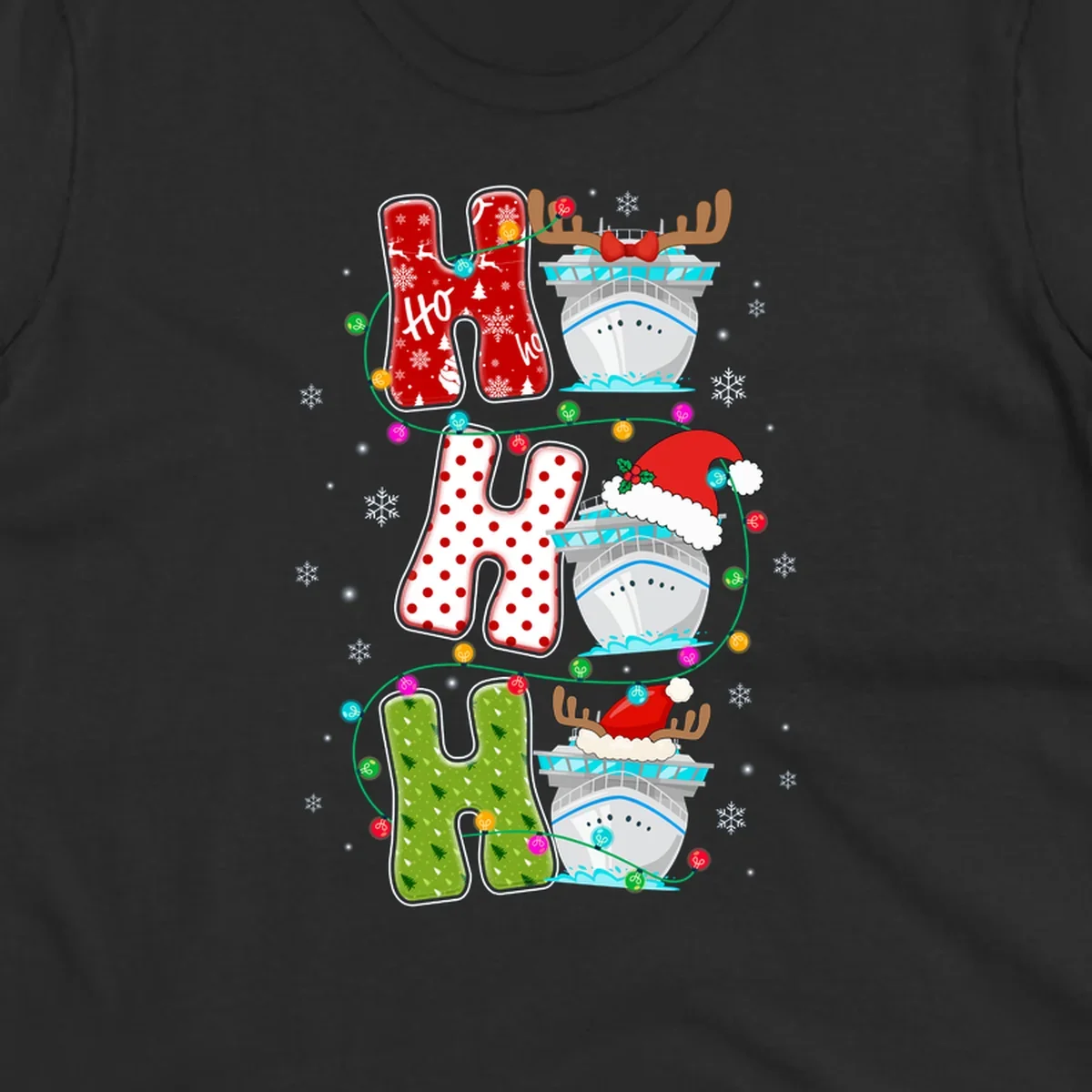 Ho ho ho cruise Christmas design featuring stocking-shaped letters, decorated cruise ships, reindeer, Santa hats, and holiday lights on gray background