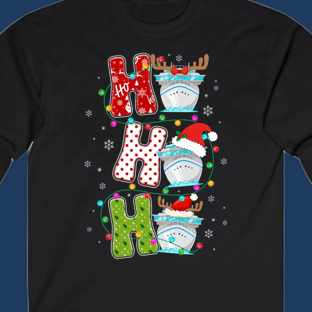 Ho ho ho cruise Christmas design featuring stocking-shaped letters, decorated cruise ships, reindeer, Santa hats, and holiday lights on gray background