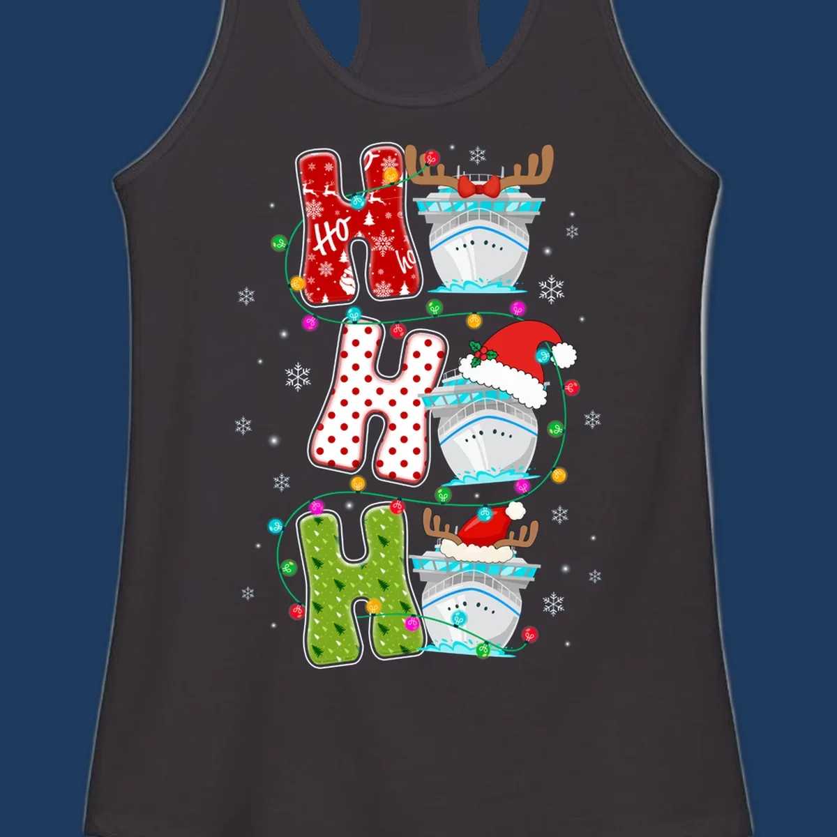 Ho ho ho cruise Christmas design featuring stocking-shaped letters, decorated cruise ships, reindeer, Santa hats, and holiday lights on gray background