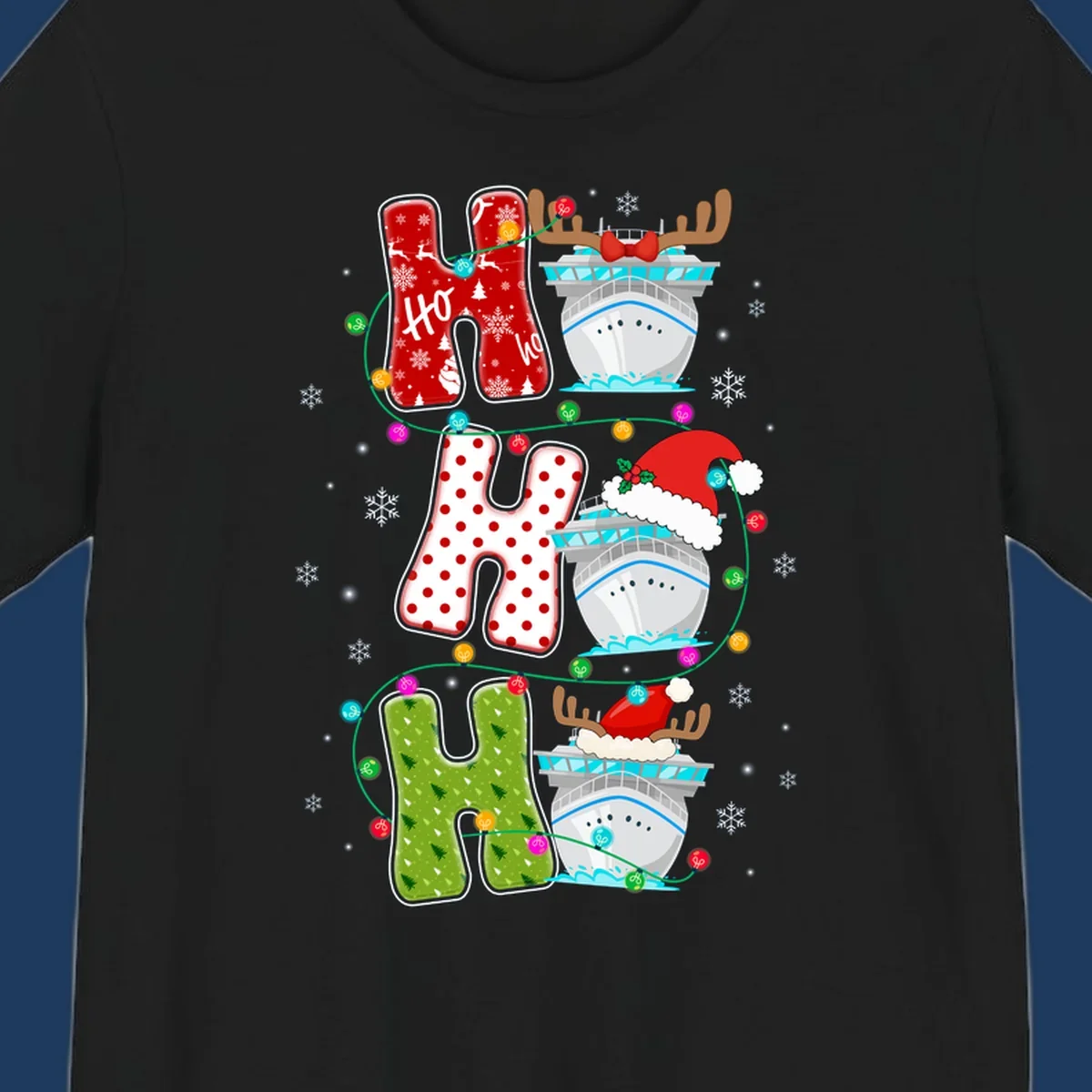 Ho ho ho cruise Christmas design featuring stocking-shaped letters, decorated cruise ships, reindeer, Santa hats, and holiday lights on gray background
