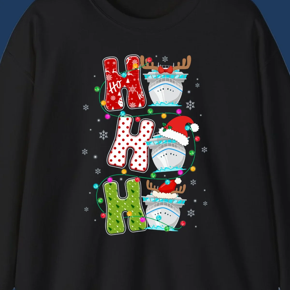 Ho ho ho cruise Christmas design featuring stocking-shaped letters, decorated cruise ships, reindeer, Santa hats, and holiday lights on gray background