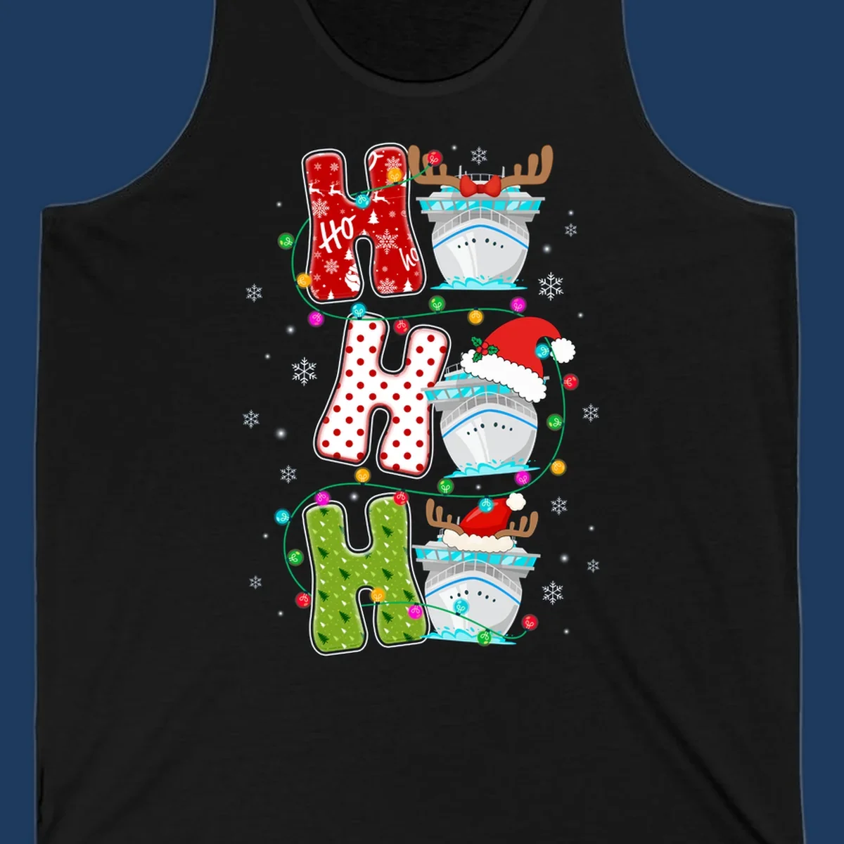 Ho ho ho cruise Christmas design featuring stocking-shaped letters, decorated cruise ships, reindeer, Santa hats, and holiday lights on gray background