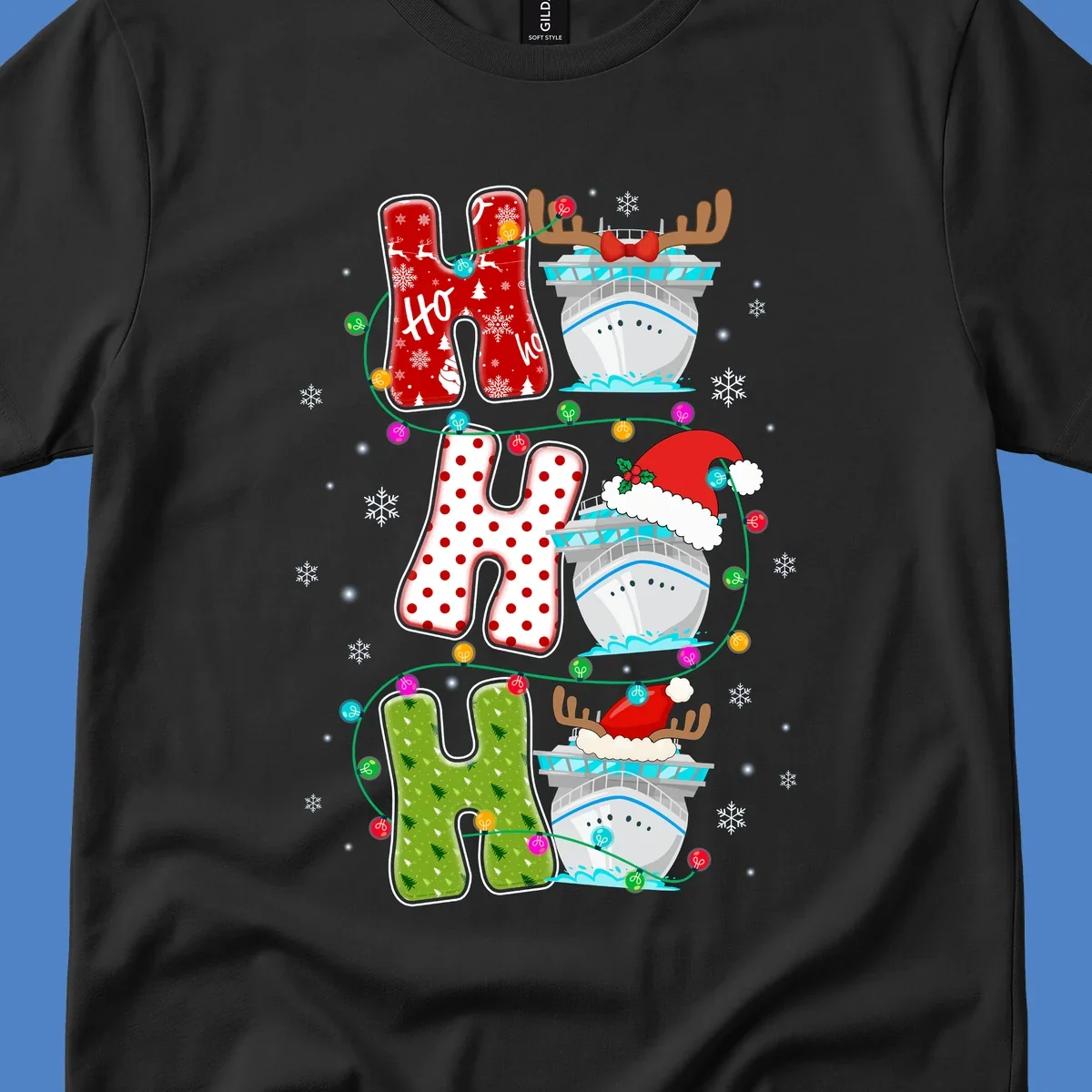 Ho ho ho cruise Christmas design featuring stocking-shaped letters, decorated cruise ships, reindeer, Santa hats, and holiday lights on gray background