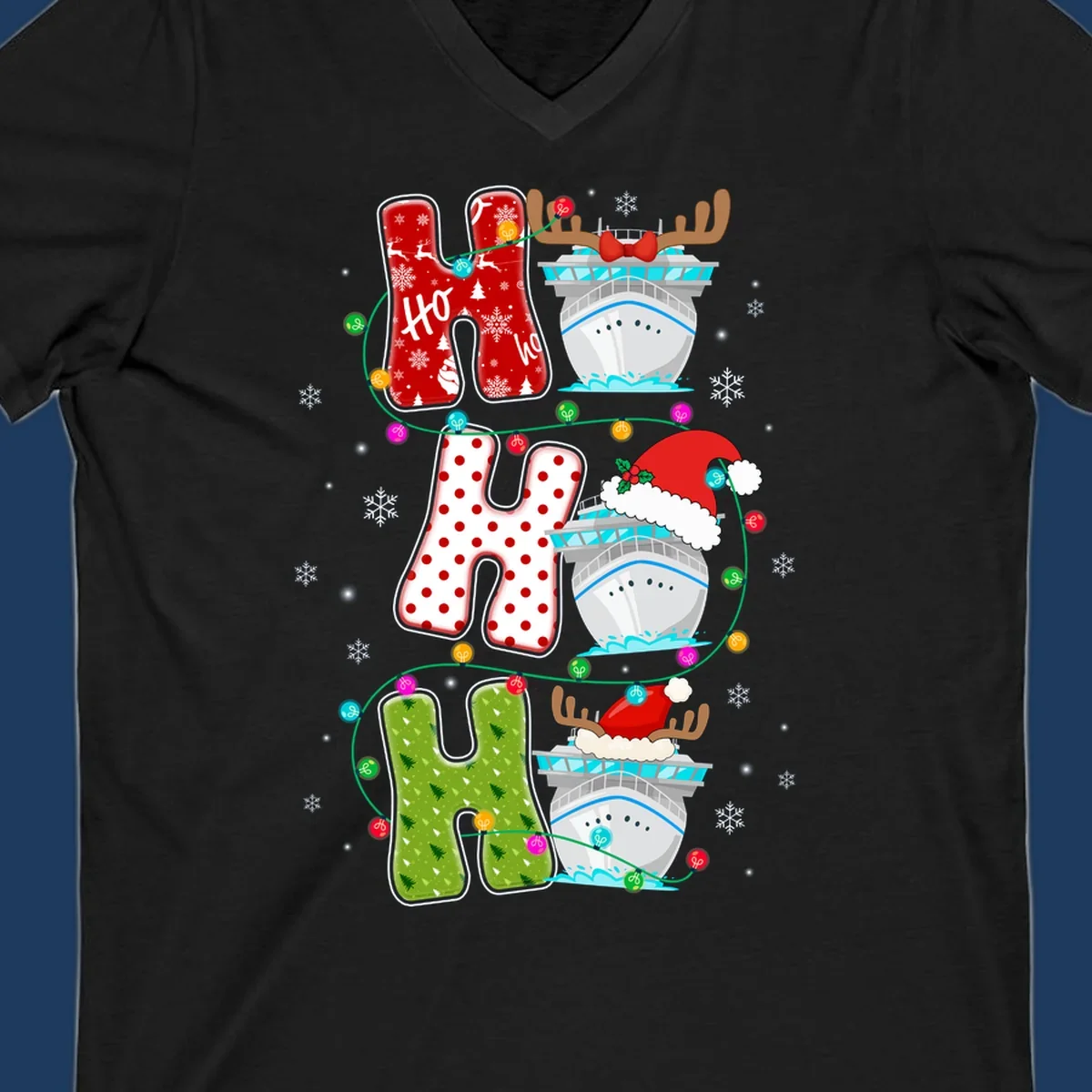 Ho ho ho cruise Christmas design featuring stocking-shaped letters, decorated cruise ships, reindeer, Santa hats, and holiday lights on gray background