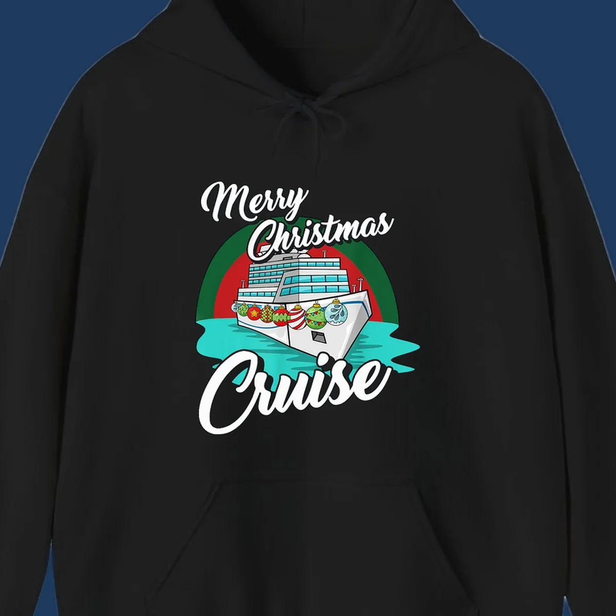 Merry Christmas Cruise design featuring a decorated cruise ship with holiday ornaments sailing on turquoise water