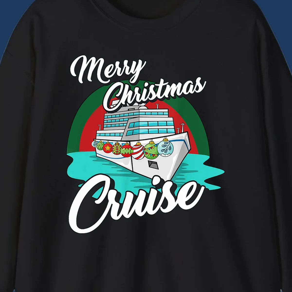 Merry Christmas Cruise design featuring a decorated cruise ship with holiday ornaments sailing on turquoise water