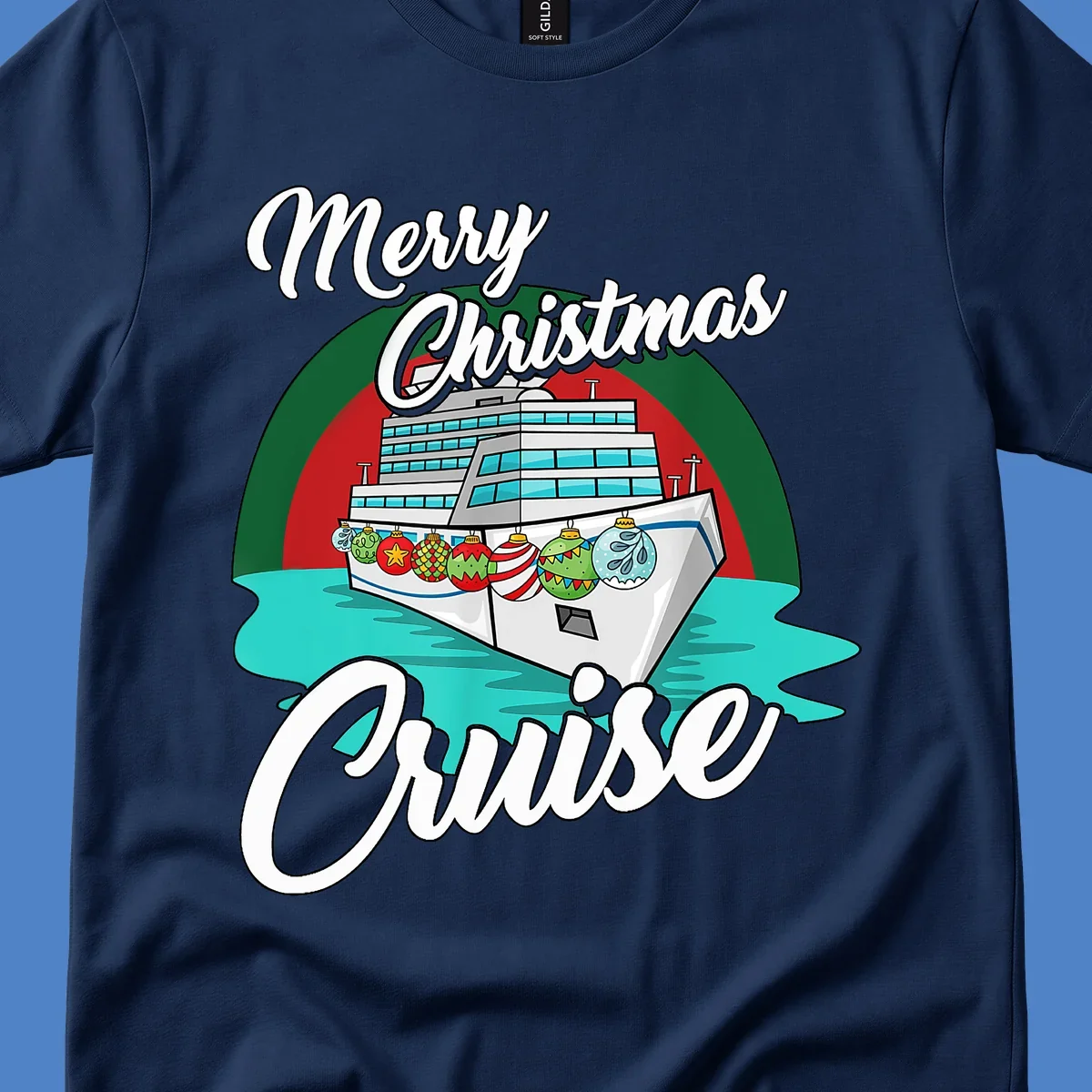 Merry Christmas Cruise design featuring a decorated cruise ship with holiday ornaments sailing on turquoise water
