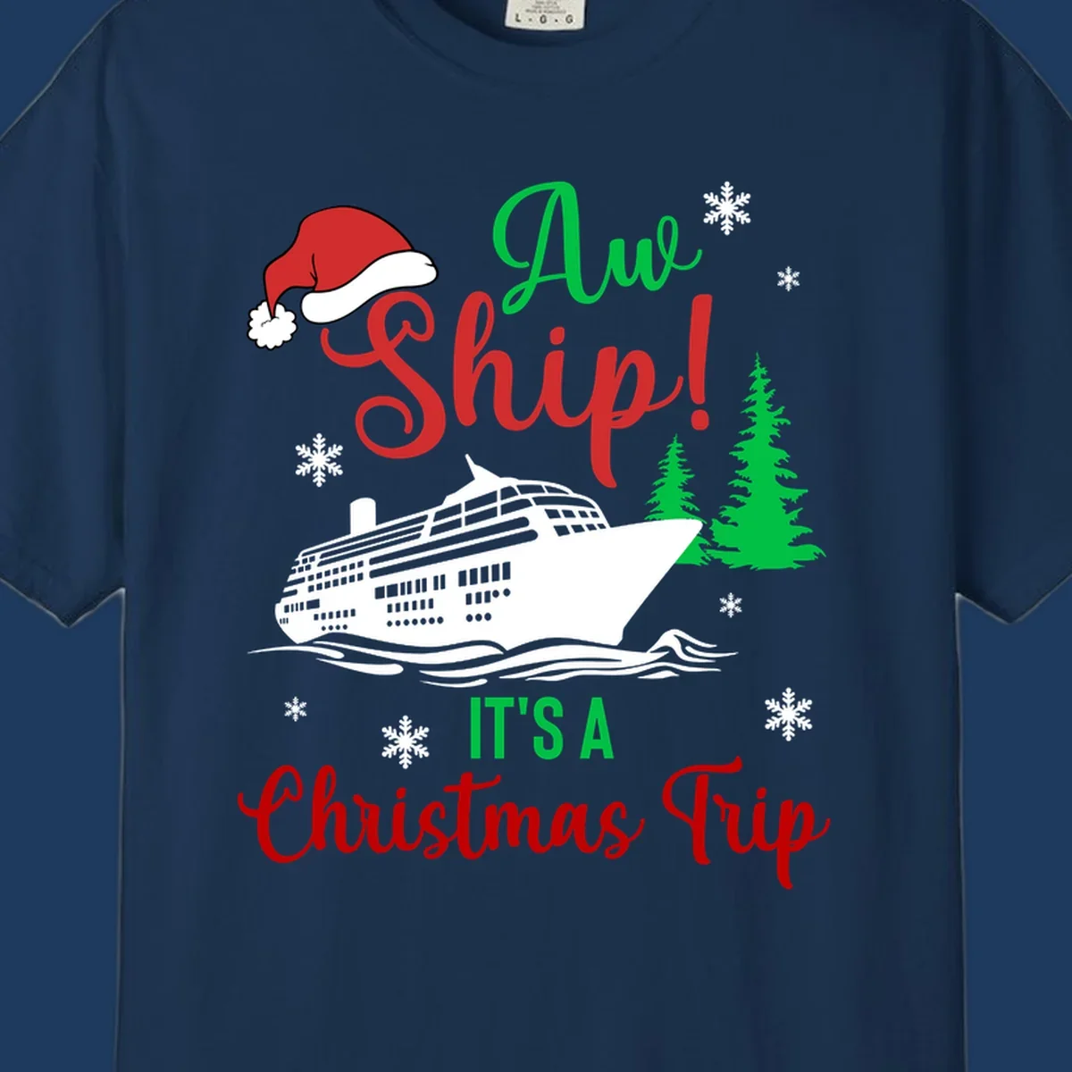 Aww ship Christmas cruise design with sailing ship, Santa hat, pine trees, snowflakes and holiday cruise text