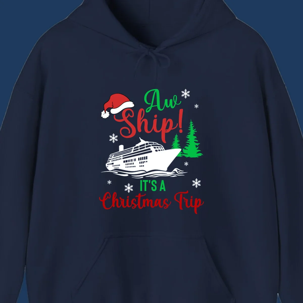 Aww ship Christmas cruise design with sailing ship, Santa hat, pine trees, snowflakes and holiday cruise text