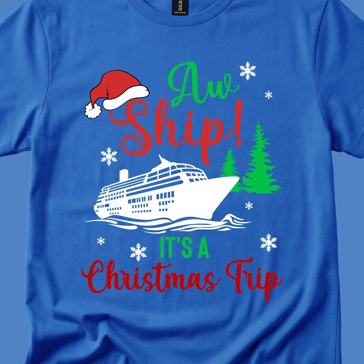 Aww ship Christmas cruise design with sailing ship, Santa hat, pine trees, snowflakes and holiday cruise text