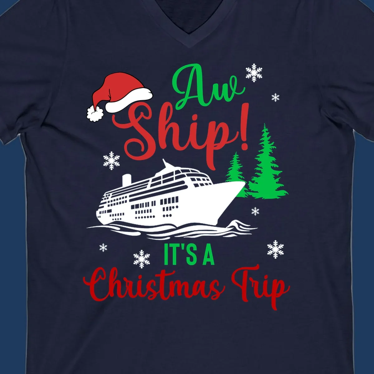 Aww ship Christmas cruise design with sailing ship, Santa hat, pine trees, snowflakes and holiday cruise text