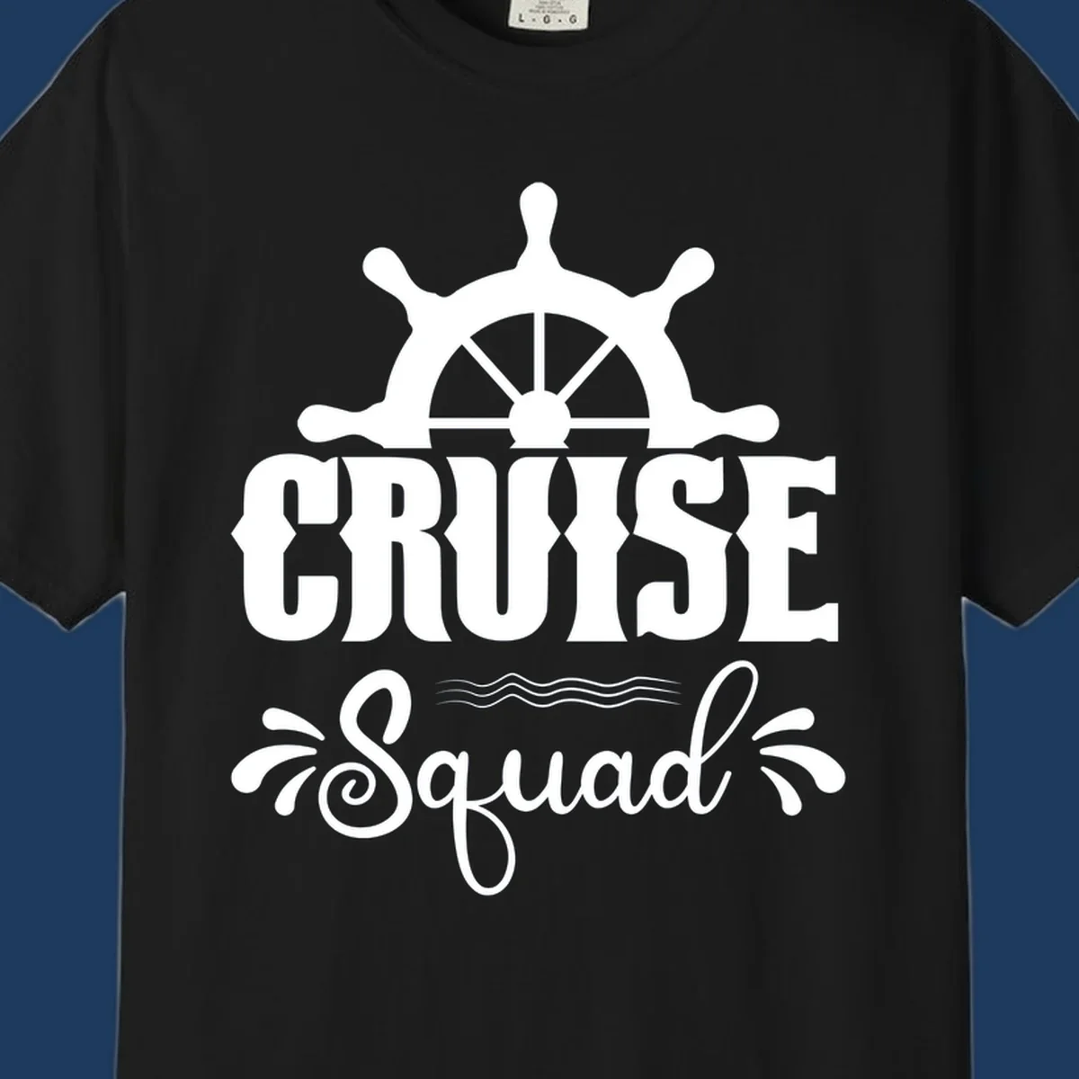 Cruise squad ship wheel design with ornate nautical helm and decorative waves on gray background