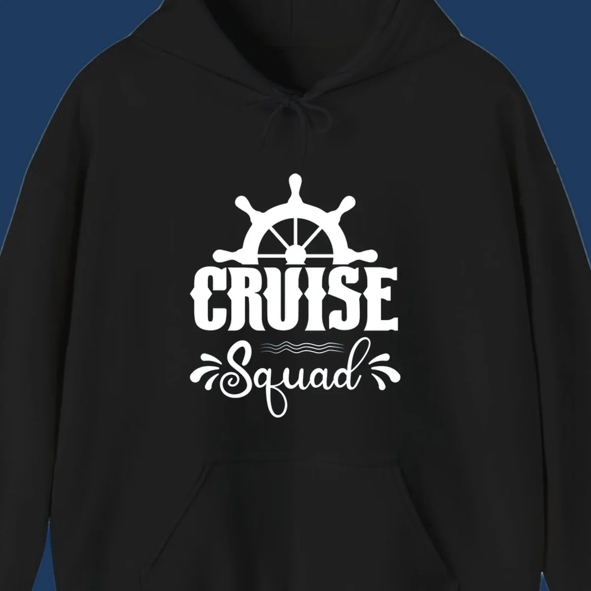 Cruise squad ship wheel design with ornate nautical helm and decorative waves on gray background