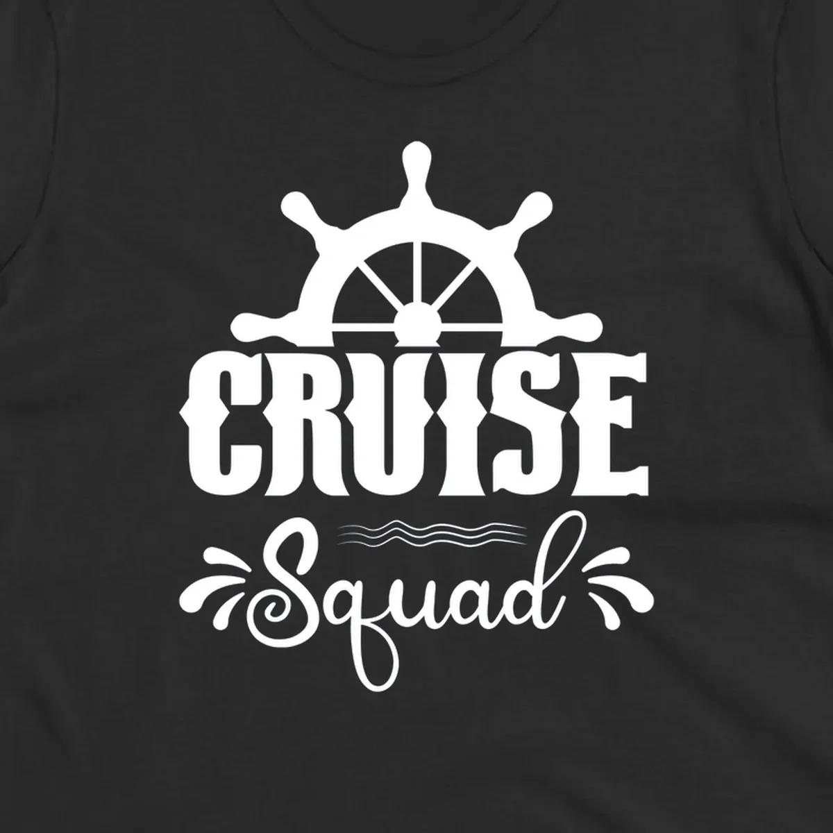 Cruise squad ship wheel design with ornate nautical helm and decorative waves on gray background