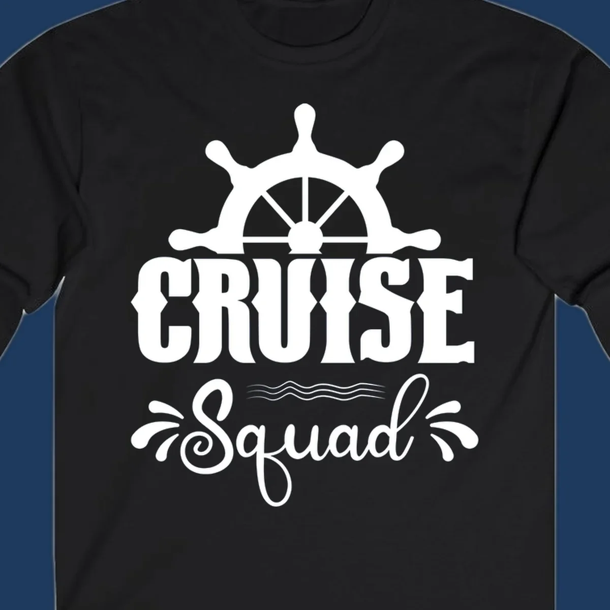 Cruise squad ship wheel design with ornate nautical helm and decorative waves on gray background