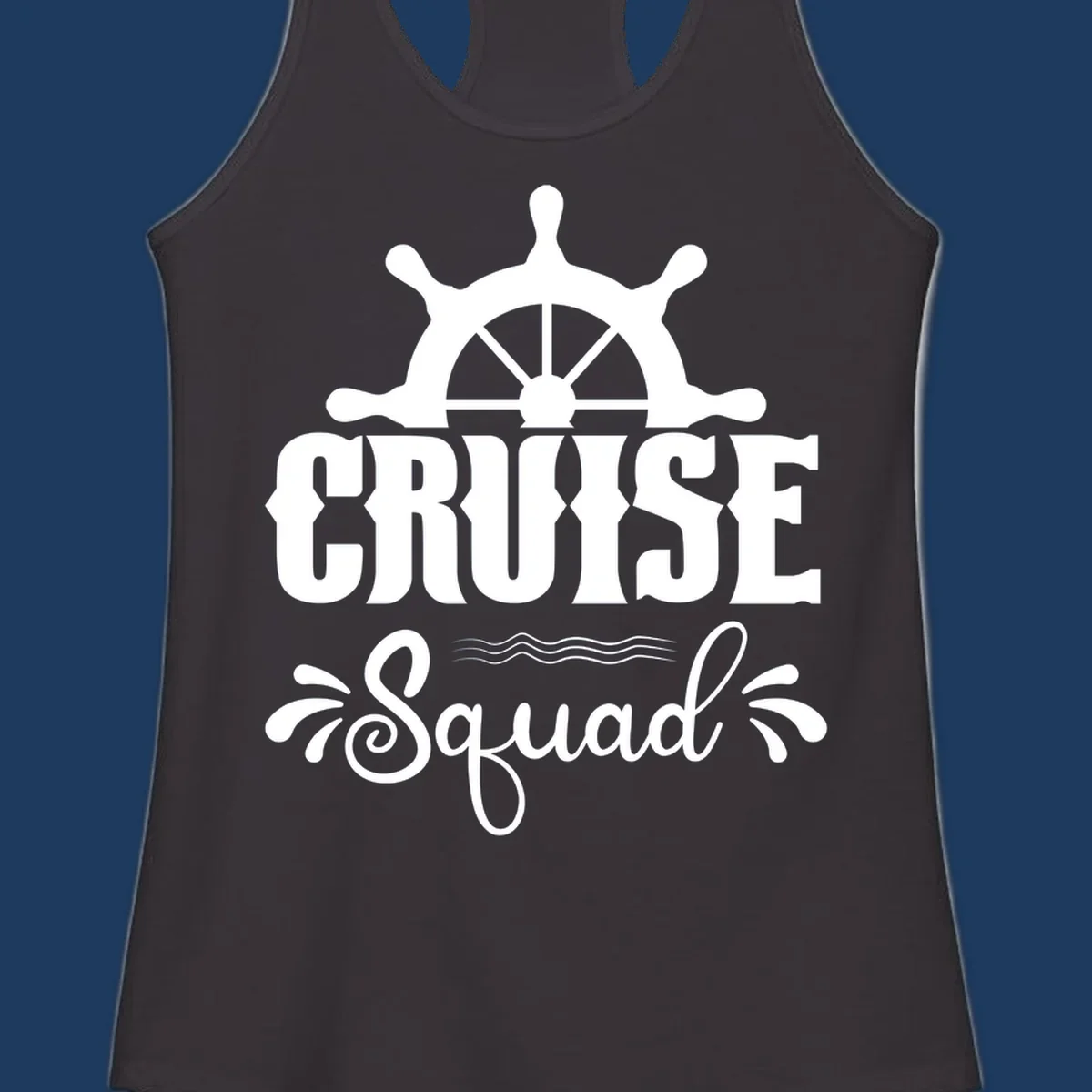 Cruise squad ship wheel design with ornate nautical helm and decorative waves on gray background