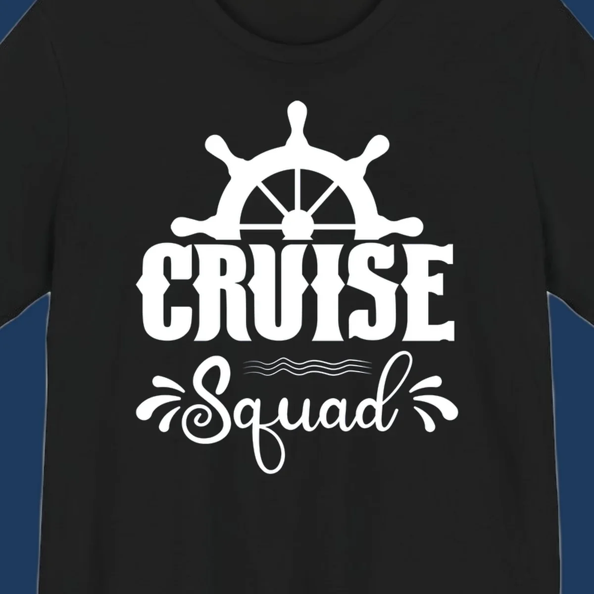 Cruise squad ship wheel design with ornate nautical helm and decorative waves on gray background