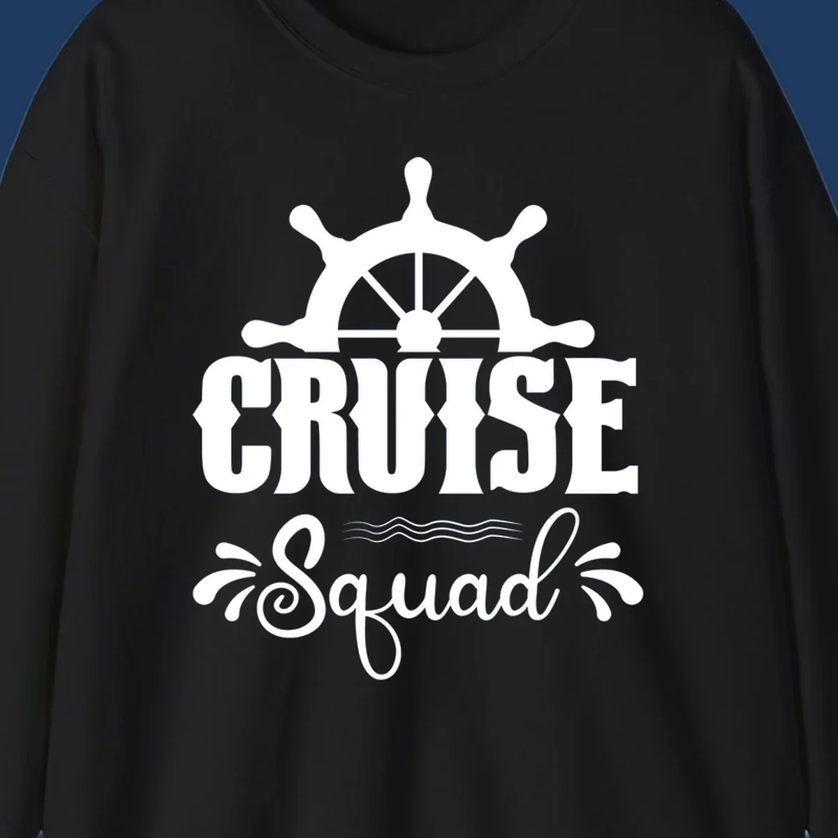 Cruise squad ship wheel design with ornate nautical helm and decorative waves on gray background