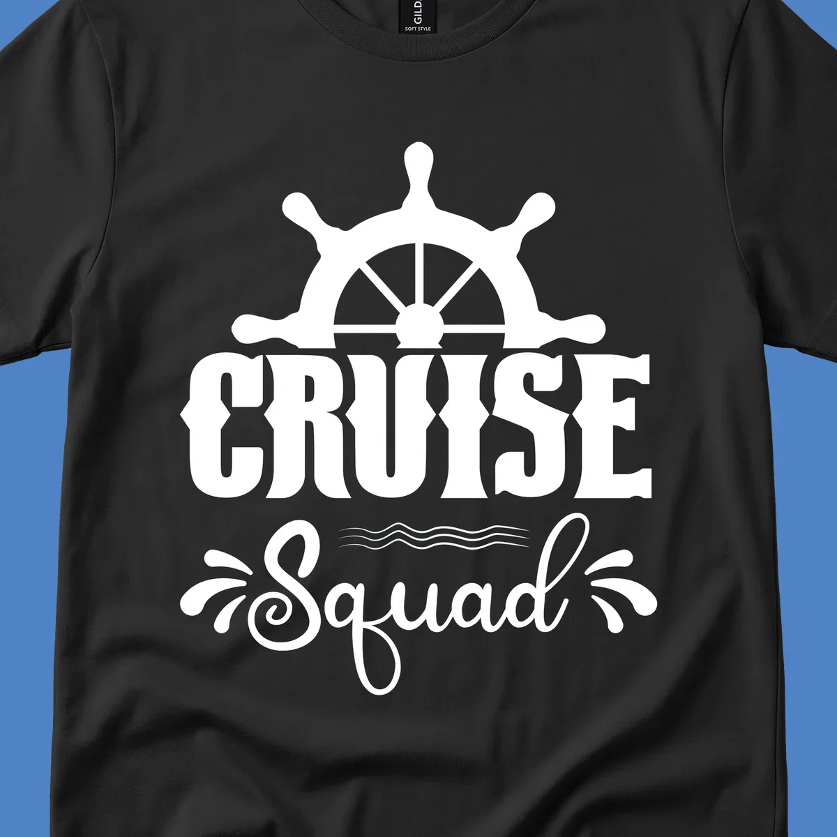 Cruise squad ship wheel design with ornate nautical helm and decorative waves on gray background
