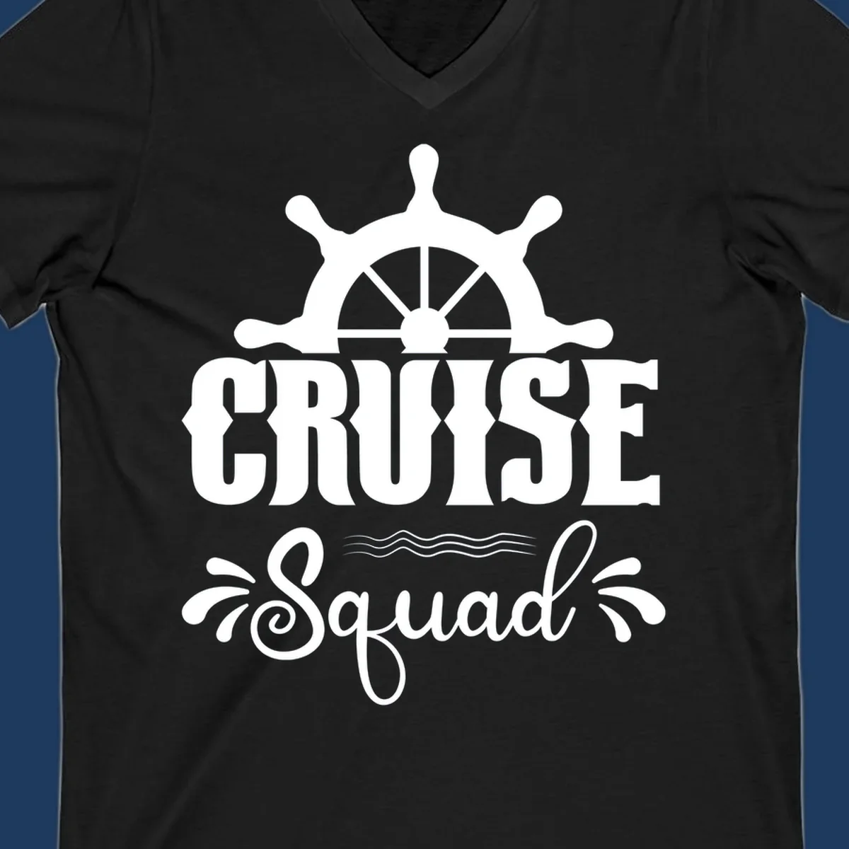 Cruise squad ship wheel design with ornate nautical helm and decorative waves on gray background