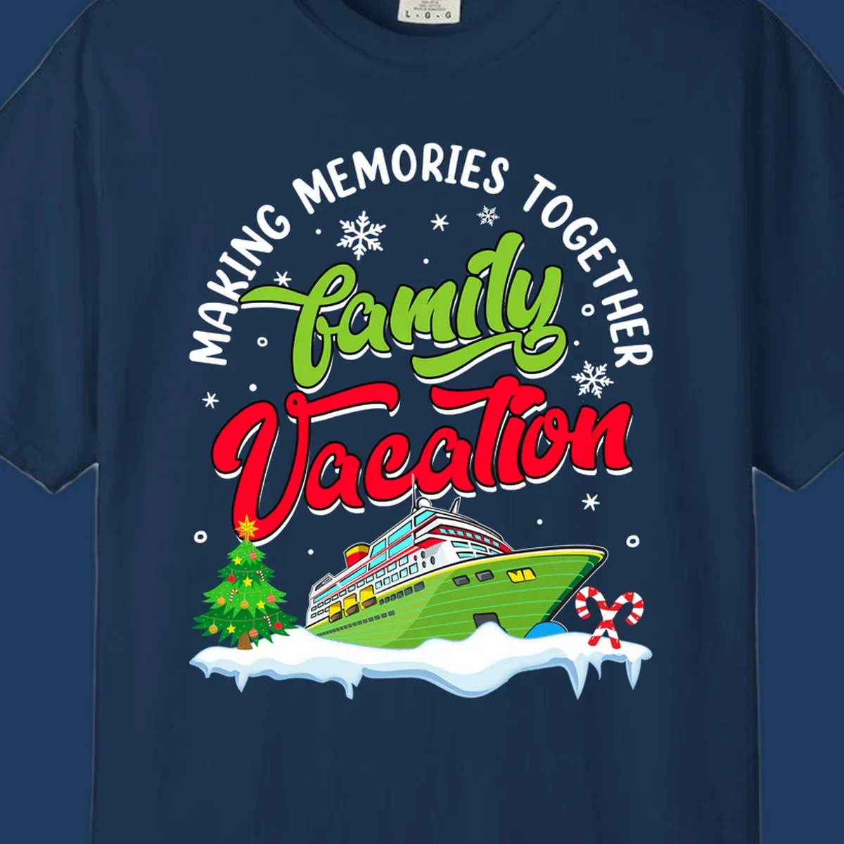 Family vacation cruise design with colorful ship, Christmas tree, candy canes and snowflakes on gray background