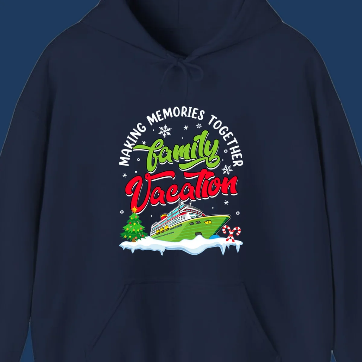 Family vacation cruise design with colorful ship, Christmas tree, candy canes and snowflakes on gray background
