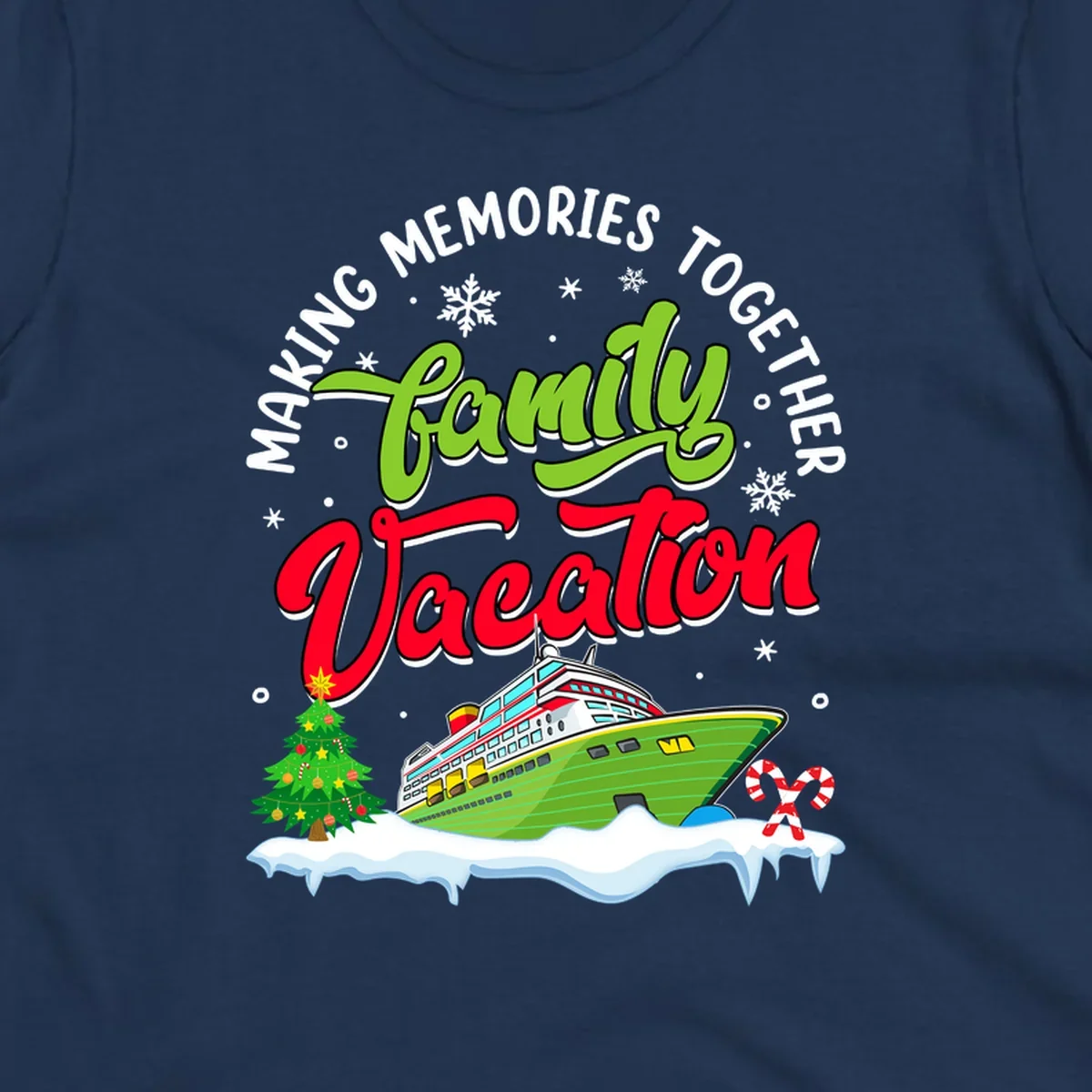 Family vacation cruise design with colorful ship, Christmas tree, candy canes and snowflakes on gray background
