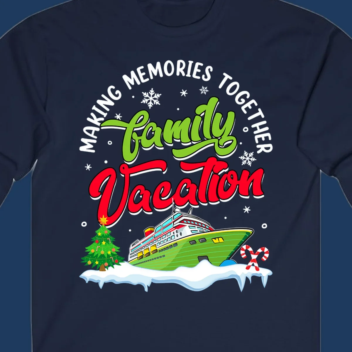 Family vacation cruise design with colorful ship, Christmas tree, candy canes and snowflakes on gray background