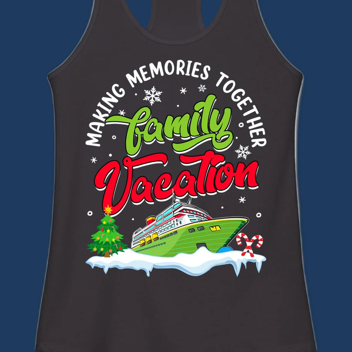 Family vacation cruise design with colorful ship, Christmas tree, candy canes and snowflakes on gray background