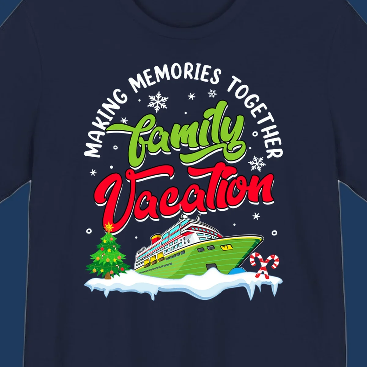 Family vacation cruise design with colorful ship, Christmas tree, candy canes and snowflakes on gray background