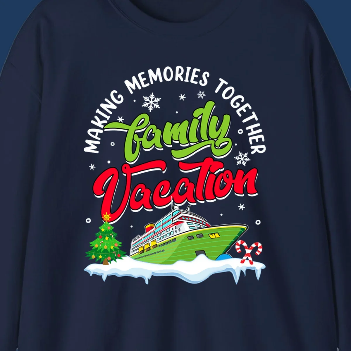 Family vacation cruise design with colorful ship, Christmas tree, candy canes and snowflakes on gray background