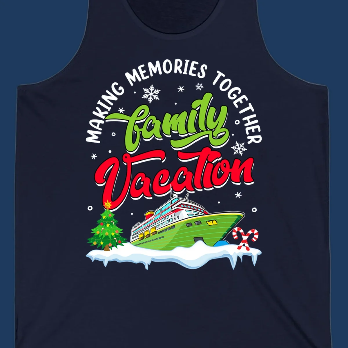 Family vacation cruise design with colorful ship, Christmas tree, candy canes and snowflakes on gray background